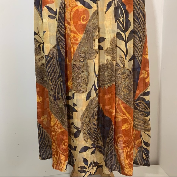 014 Libra Midi Skirt Pleated Vintage Lined Brown Orange Beige Mix Floral UK 12 - Picture 4 of 14